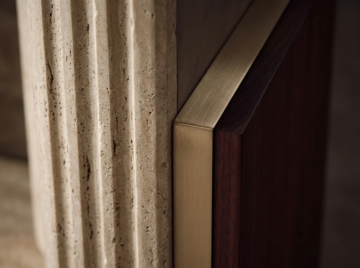 Travertine, bronze and walnut architectural detail