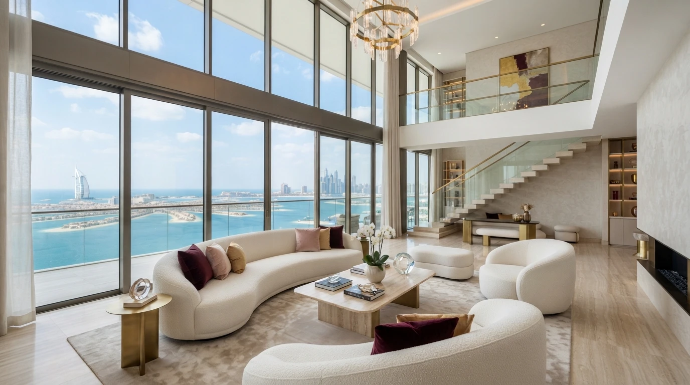 Luxury penthouse living room overlooking Palm Jumeirah and the Burj Al Arab